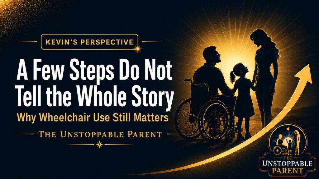 Disabled father in a wheelchair with his family, representing mobility, wheelchair use, cerebral palsy, and the reality that a few steps do not tell the whole story.