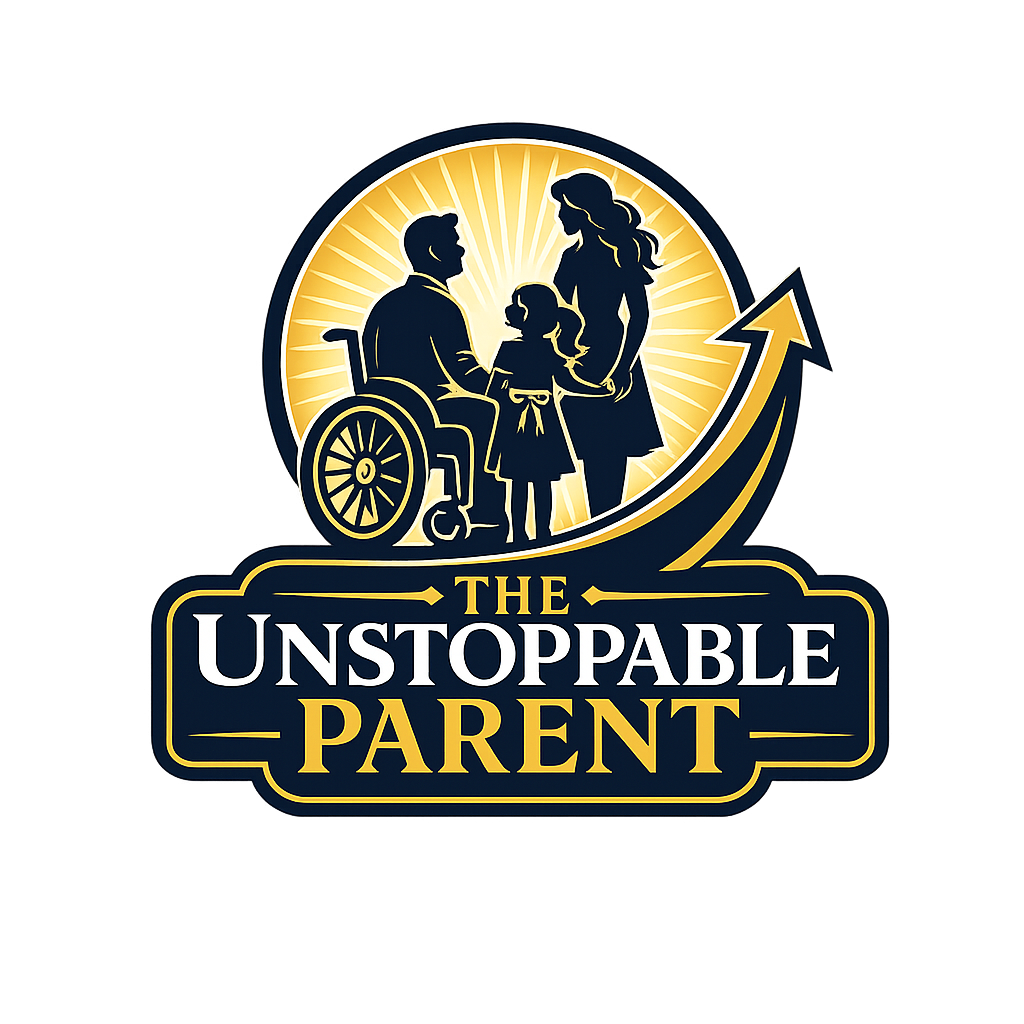 The Unstoppable Parent logo featuring a father in a wheelchair with his family and an upward arrow.