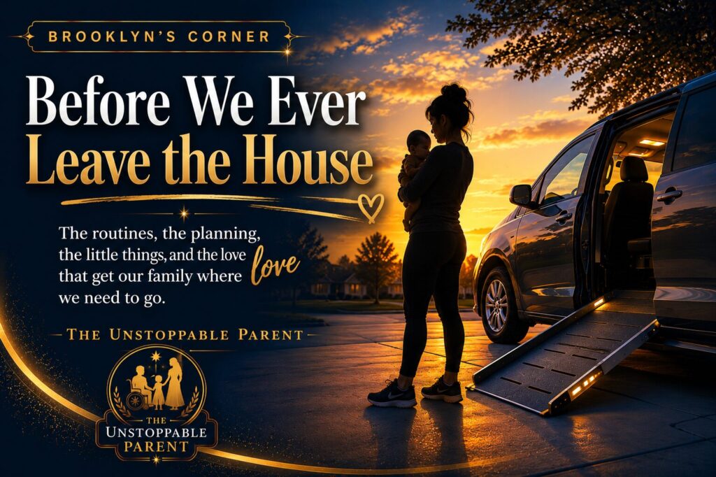 Brooklyn holding baby Gracie beside a wheelchair accessible van with the side ramp deployed at sunset for Brooklyn’s Corner post Before We Ever Leave the House