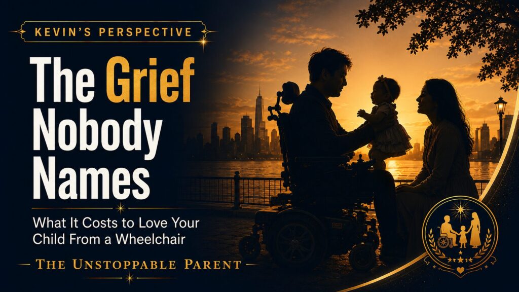 Featured image for “The Grief Nobody Names” showing an Asian disabled father in a wheelchair holding his baby beside the mother at sunset, representing disabled fatherhood, love, grief, and parenting from a wheelchair.