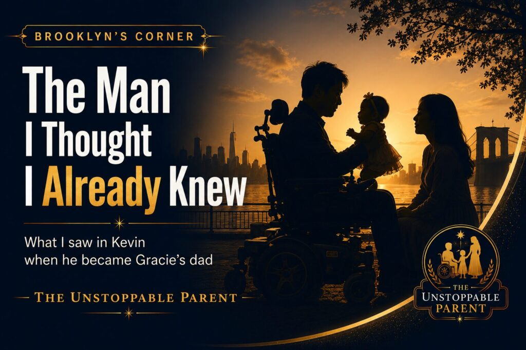 Silhouette of Kevin in his power wheelchair holding baby Gracie while Brooklyn watches nearby in a warm navy and gold family scene.